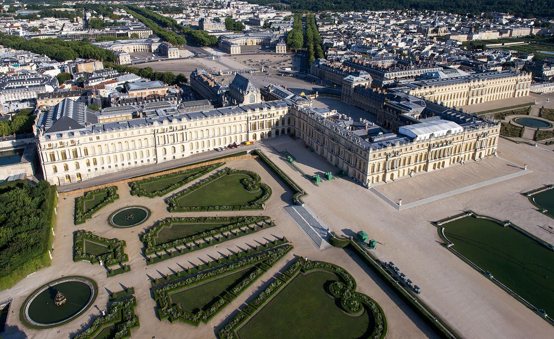 Aerial view of the Palace of Versailles and its gardens, France