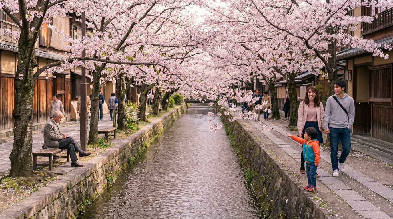 Cherry blossoms over a Japanese canal with people walking beneath