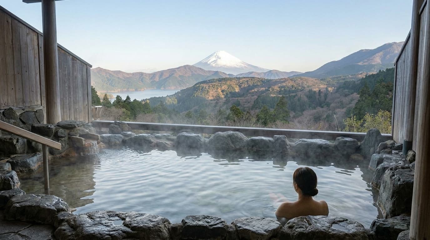 Outdoor onsen with mountain view and rising steam, Hakone