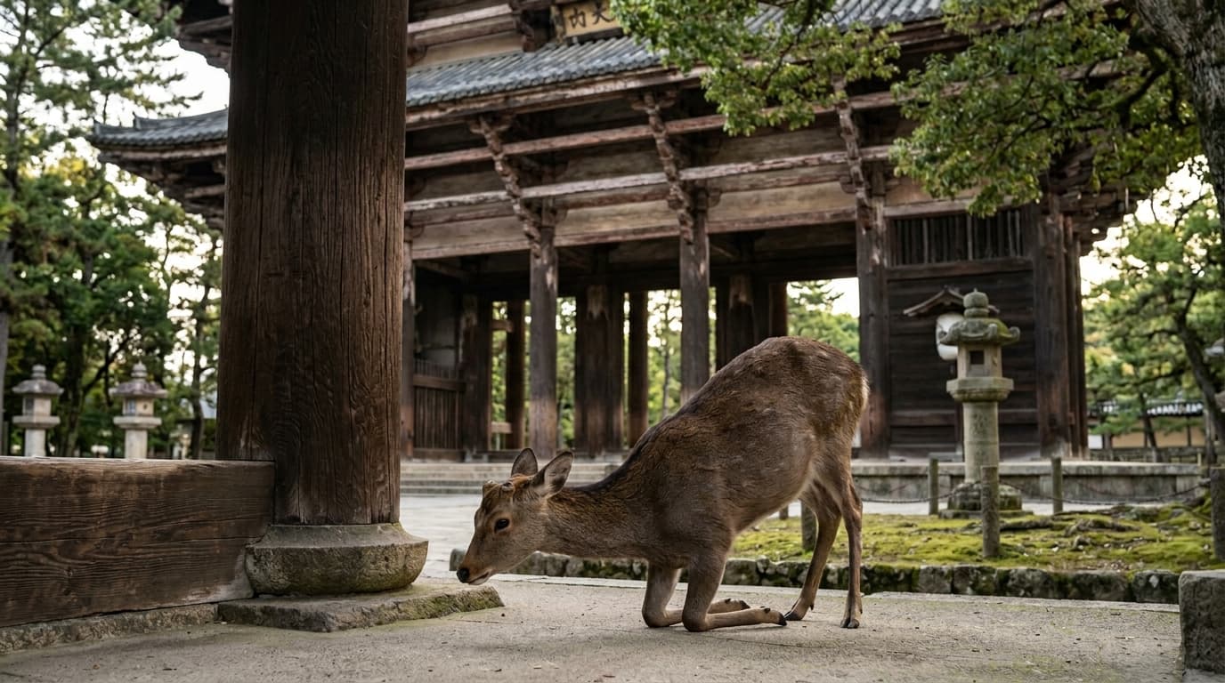 A deer bowing beside the wooden gate of Todai-ji temple, Nara