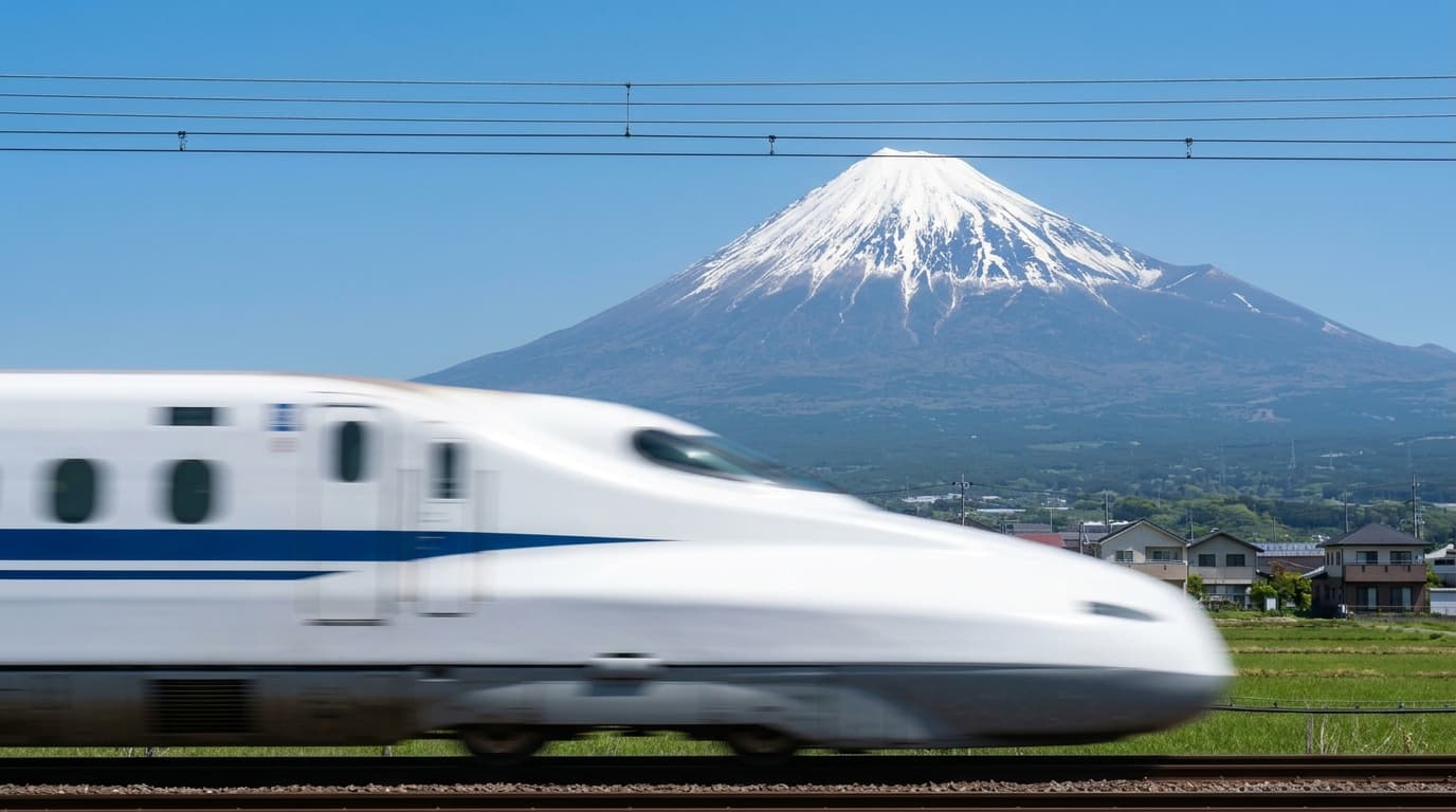 A shinkansen bullet train speeding past Mount Fuji, Japan