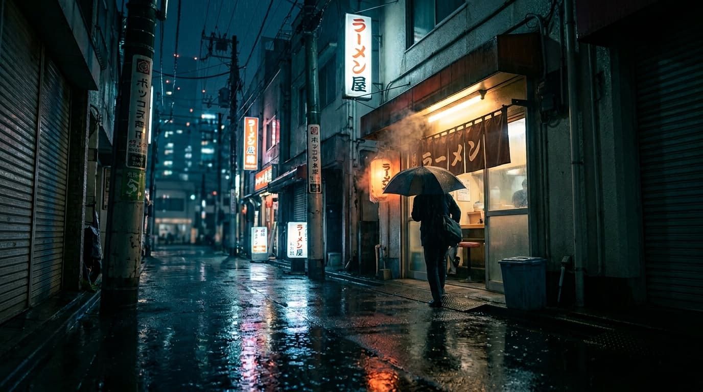 Rain-slicked neon Tokyo backstreet at night
