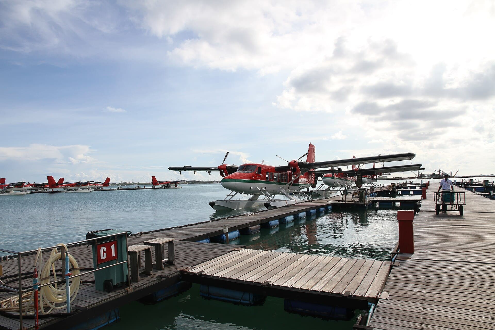 A seaplane over the atolls of the Maldives