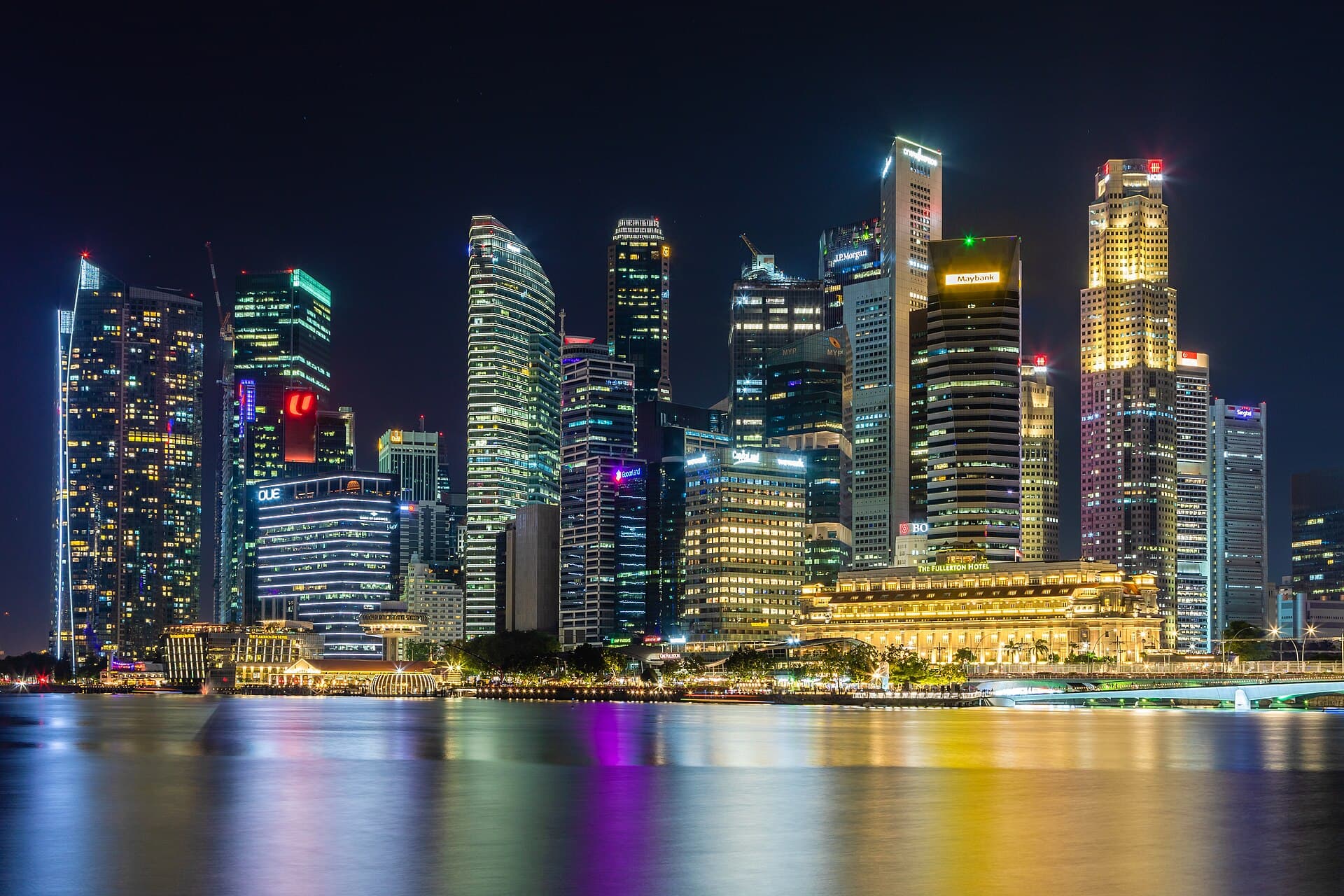 The Marina Bay waterfront skyline at night, Singapore