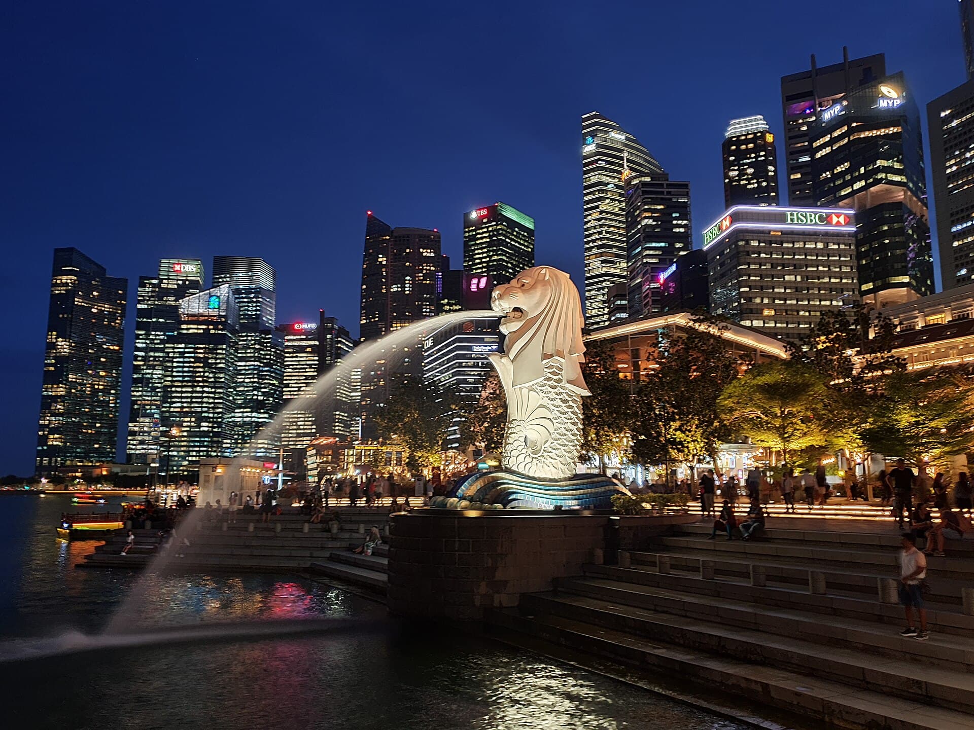 The Marina Bay waterfront skyline lit up at night, Singapore