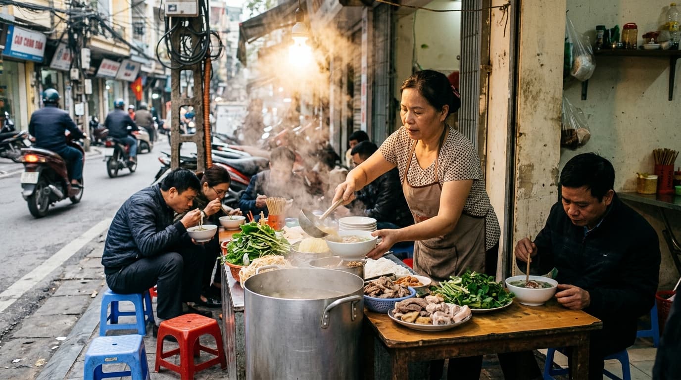 A low-stool street food stall steaming in Hanoi's Old Quarter