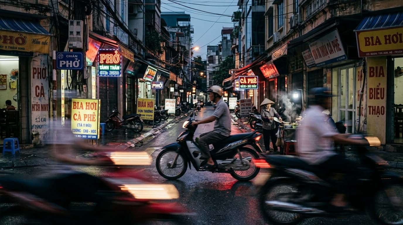 Neon-lit Hanoi street at night with motorbike light-trails