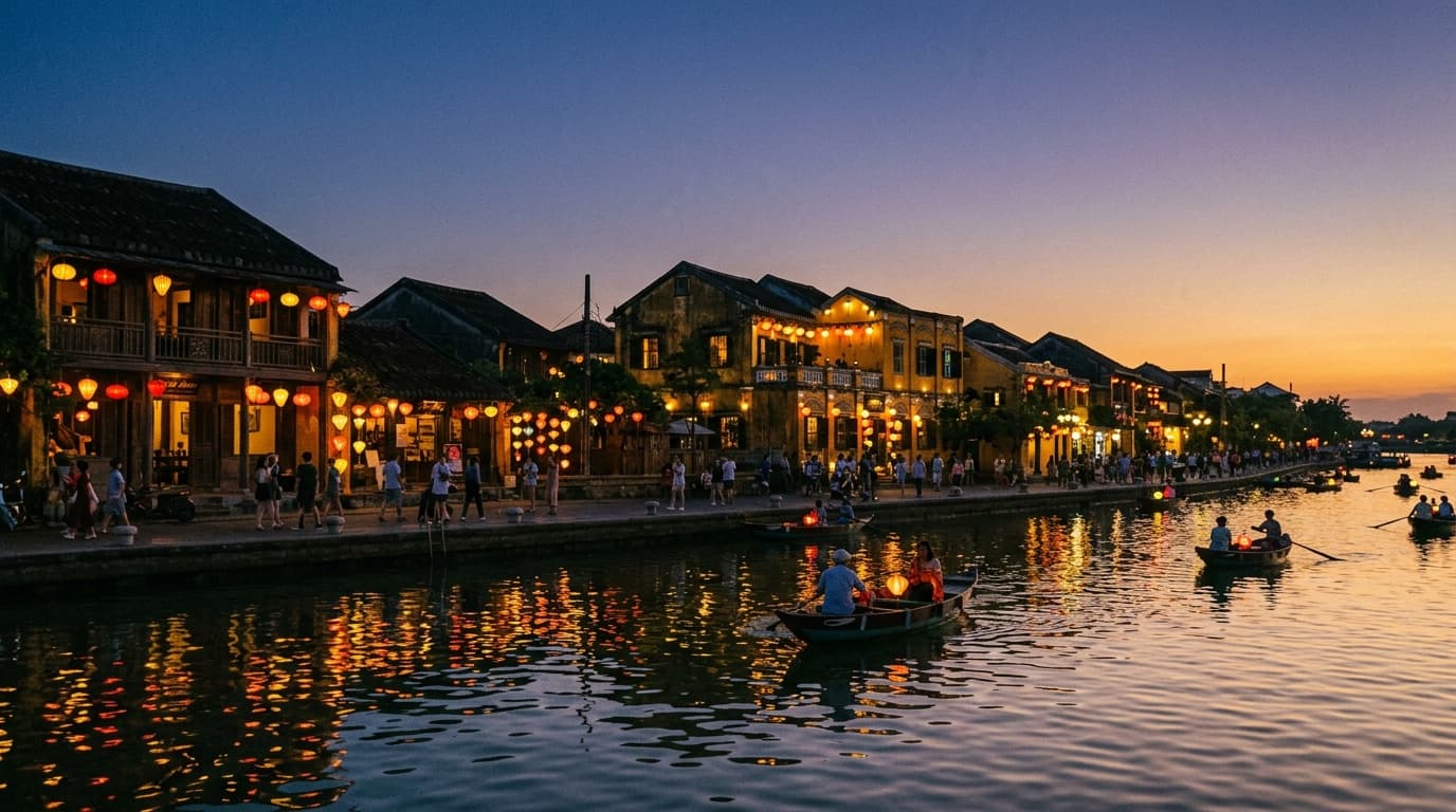 Floating candle-lanterns on the river at night in Hoi An