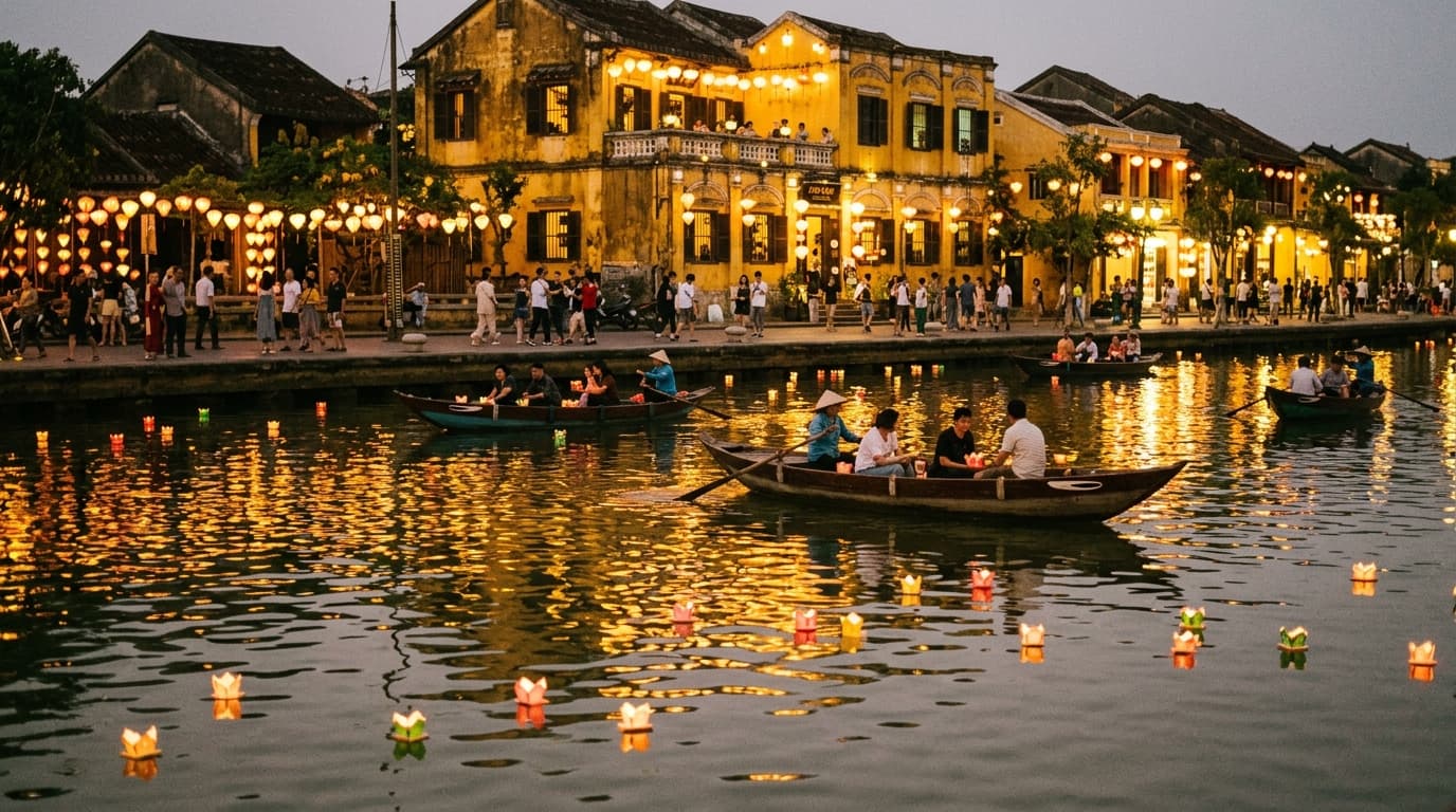 Lantern-lit riverbank at dusk in Hoi An old town