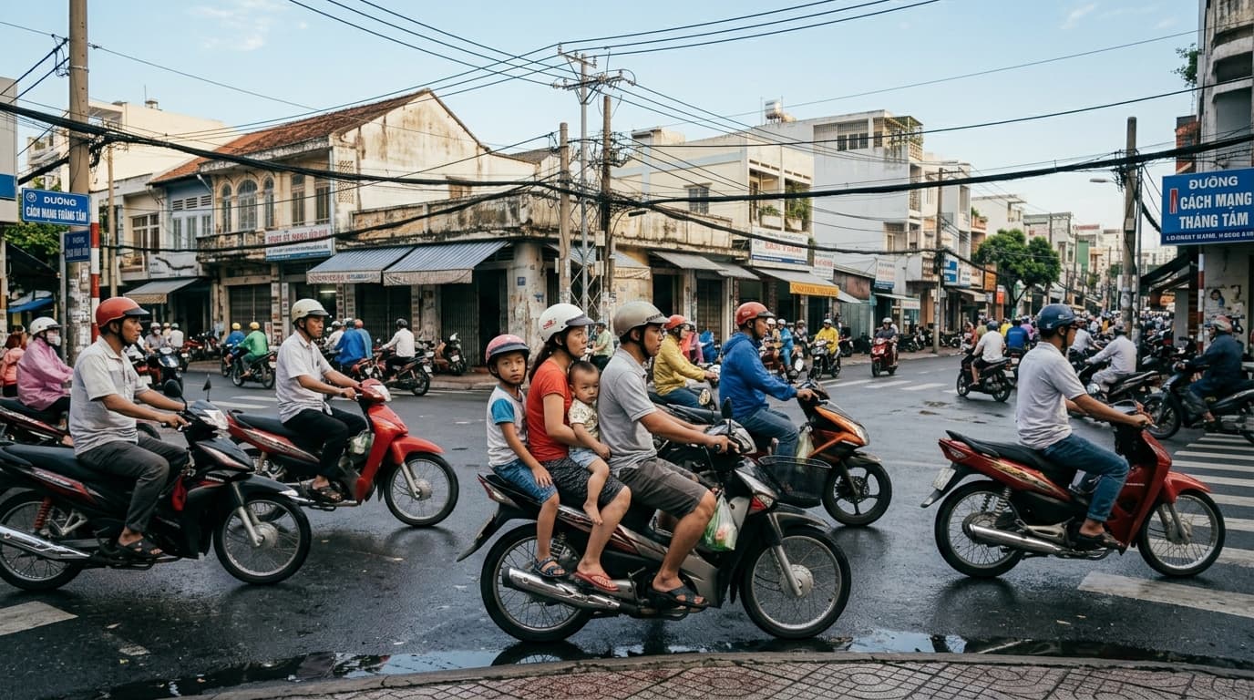 A Saigon street packed with motorbikes, a family riding together