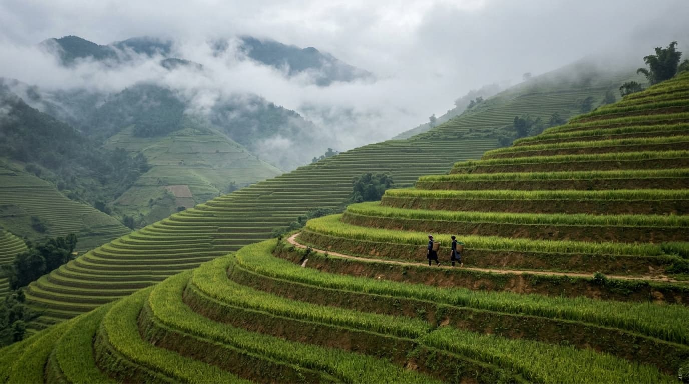 Layered rice terraces under low cloud in Sapa, northern Vietnam